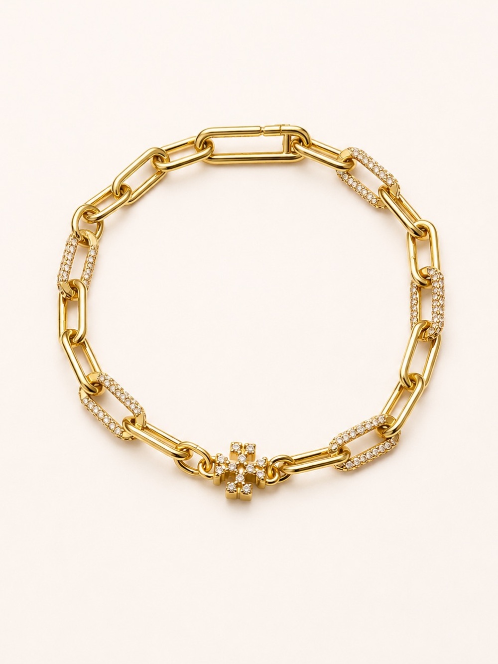 Tory Burch Gold Tone Crystal Link Bracelet with Pave Cross Charm